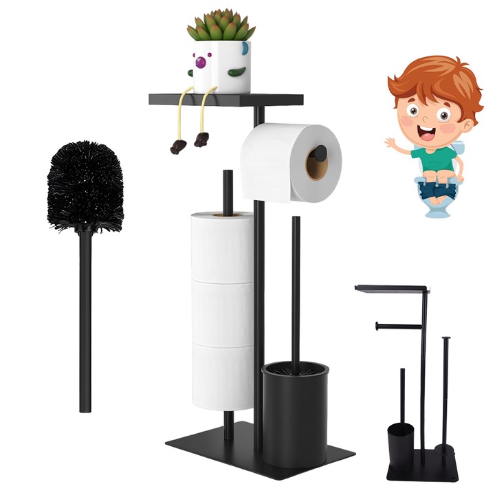 Държач за тоалетна хартия, Lynker®, Държач за тоалетна четка, Кутия за съхранение, с рафт за съхранение, Държач за тоалетна хартия, Тоалетна четка, Многофункционален, Висококачествен метал, Неръждаема стомана, 71*24*17 см, Черен