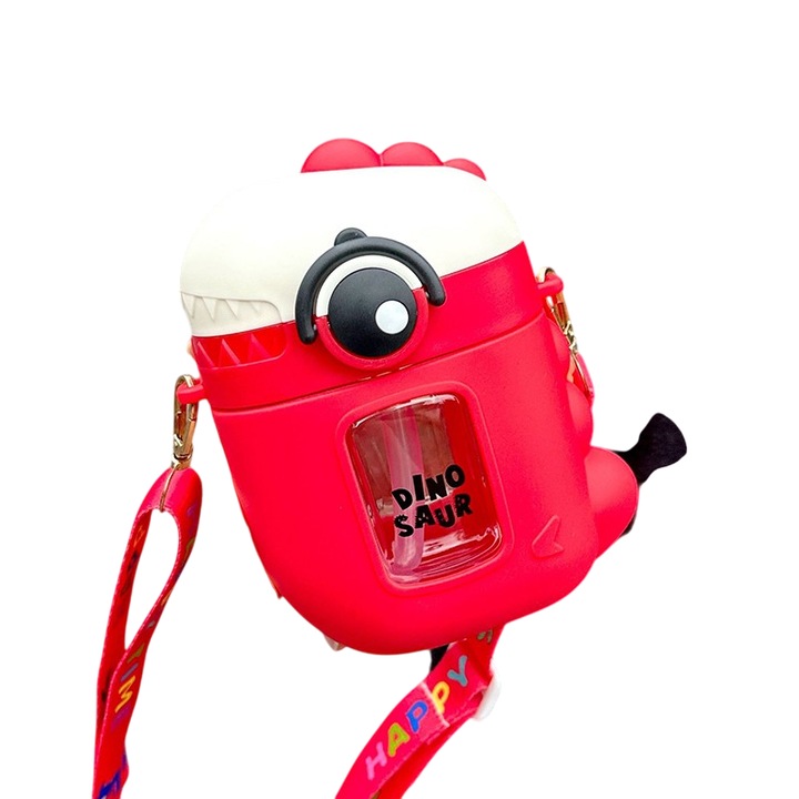 Детска бутилка за вода Mixbo, модел Динозавър, с каишка и сламка, червена, 500 мл