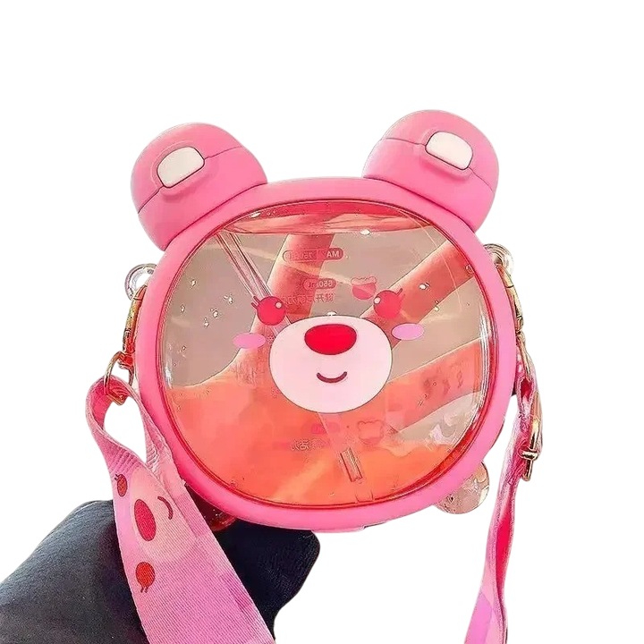 Sticla de Apa pentru Copii Mixbo, cu Pai si Bareta, Plastic si Silicon, Model Ursulet, Roz, 500 ml