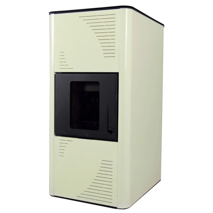 Termosemineu pe peleti Termax Kamin PM 15 kW, 120 mp, buncar peleti 30 kg, volum apa 30 litri, diametru cos fum ⌀80 mm, vas expansiune si pompa recirculare incluse, Crem