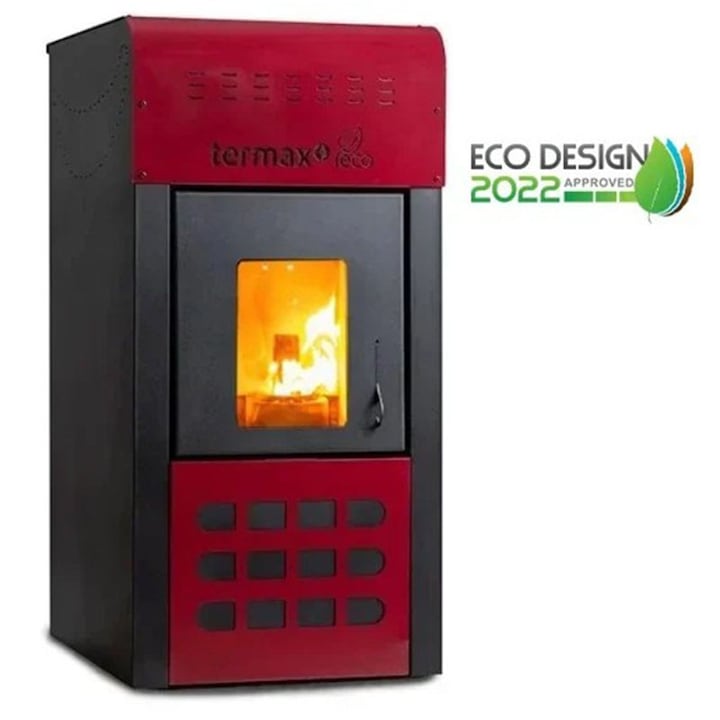 Termosemineu pe peleti Termax Kamin ECO, 25 kW, 160 mp, buncar peleti 45 kg, volum apa 42 litri, diametru cos fum ⌀80 mm, vas expansiune si pompa recirculare incluse, Bordo