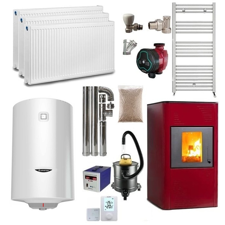 Pachet termosemineu cu peleti Termax Kamin PM 15 kW, 120 mp, buncar peleti 30 kg, volum apa 30 litri, diametru cos fum ⌀80 mm, vas expansiune si pompa recirculare incluse, Bordo, Calorifere, Boiler termoelectric