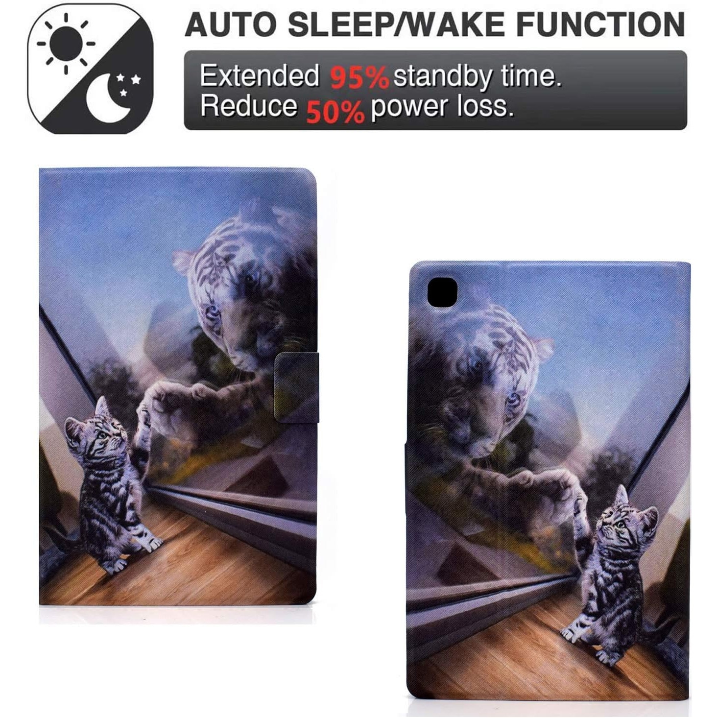 Husă carte Bspring pentru tabletă Samsung Galaxy Tab A7 Lite, 8.7 inch, piele PU, design pisică și tigru