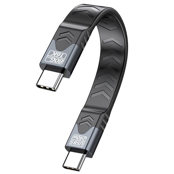 Кабел Sugxia, USB5, USB-C, Thunderbolt 5, 80Gbps, 240W PD 3.1, 5A, Видео 16K@60Hz, Съвместим с Thunderbolt 3/4, iPhone 15/16, MacBook, SSD, Лаптоп, Монитор, Докинг станция, 13 см, Черен