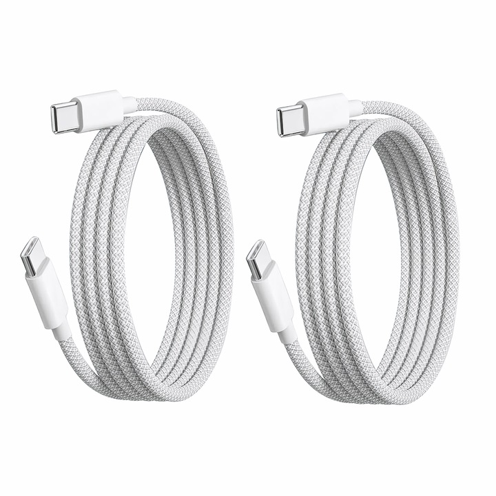Комплект от 2 плетени кабела Sugxia® USB-C Type-C, Fast Charge PD3.0 60W 3A, 1 м, съвместим с iPhone, Samsung, Xiaomi, Huawei, OPPO, Macbook (мръснобял и сив)
