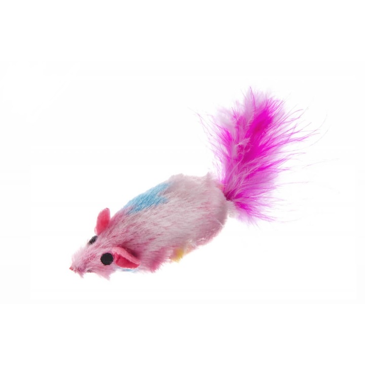 Jucarie pentru Pisici - Soricel cu Blanita Plusata si Codita din pene (9.5 cm) - Cu Sunete, Stimuleaza Instictul de Vanatoare