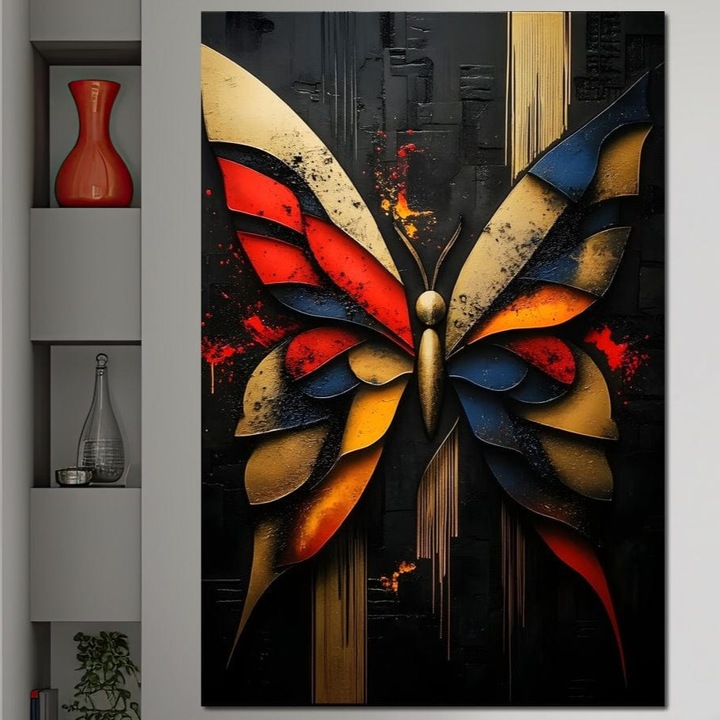 Tablou Canvas Premium, LuxCanva® M1134, Piese de Zbor, 70 X 100 CM, Panza Bumbac 100% 400g/m2, Sasiu Lemn, Mozaic, Contemporan, Modern, Abstract, Fluture, Aripi, Zbor, Culori Vibrante, Portret, Fragmentat, Birou, Living, Camera Copil