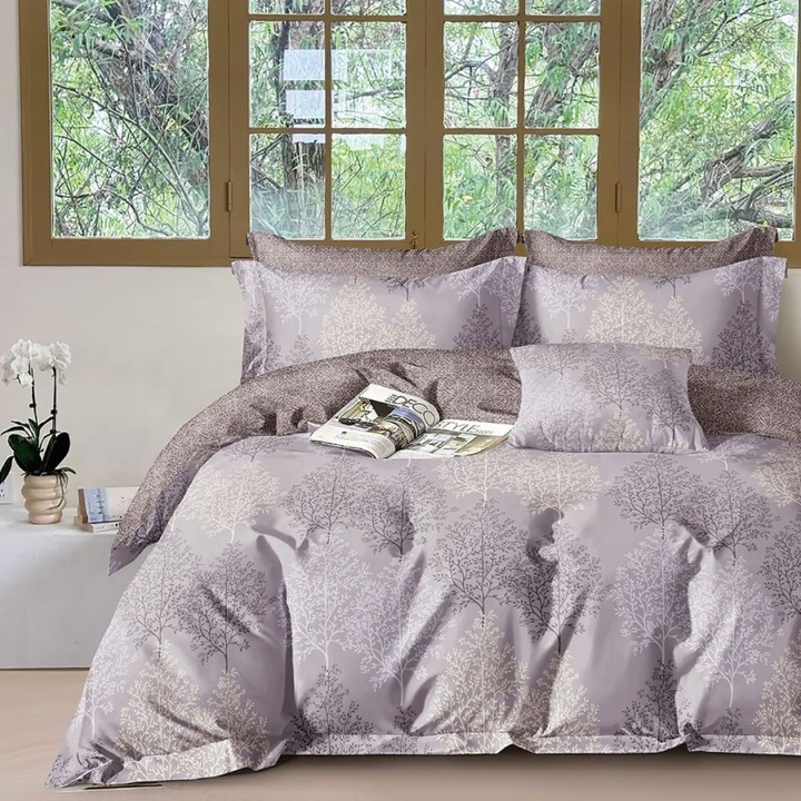 Kétszemélyes ágyneműhuzat fákkal, 100% pamut perkál, 240x260 cm, 4 darab, Lenzerii Deosebite, PRC198