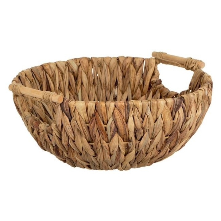 Fructiera Ø38x13 cm din Hiacint Acvatic cu Manere din Lemn – Cos Rustic Decorativ pentru Fructe, Paine sau Decoratiuni – ANTBro®