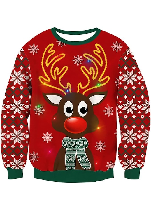 Pulover de Craciun cu LED-uri – Design Amuzant si Festiv, Unisex, Pentru Petreceri, Rosu, Model cu Ren, Rosu/Multicolor