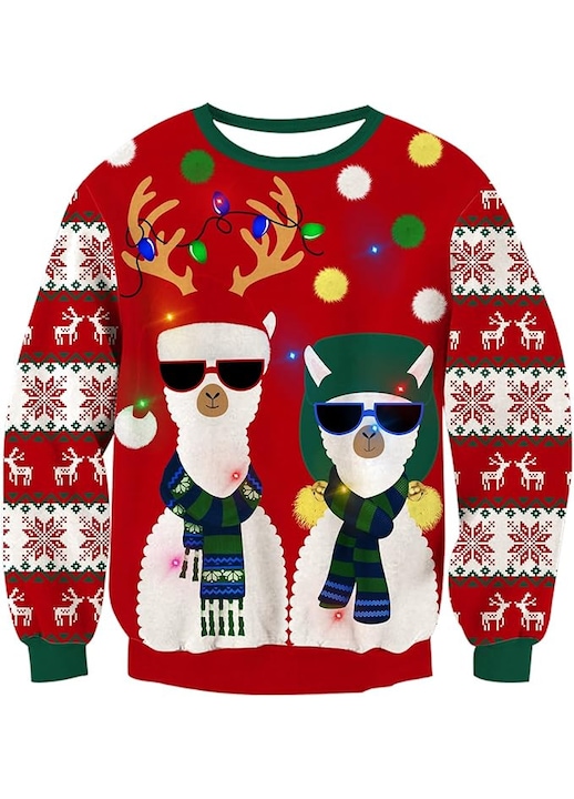 Pulover de Craciun cu LED-uri – Design Amuzant si Festiv, Unisex, Pentru Petreceri, Rosu, Model cu Alpaca, Rosu/Multicolor, L