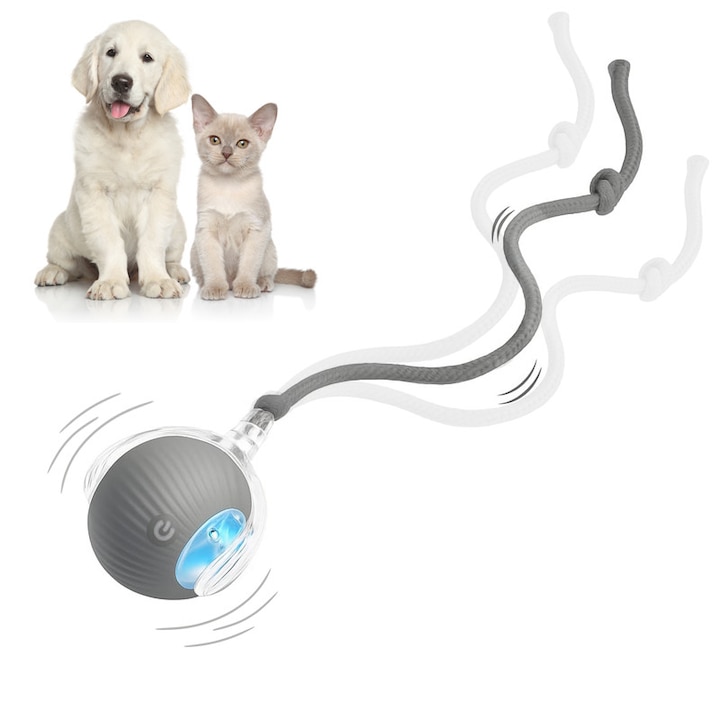 NEXTLY interaktív labda kutyáknak és macskáknak, magától mozog, 3 működési mód - lassú, gyors, interaktív, LED világítás, USB kábeles töltés, integrált levehető kábel, szürke
