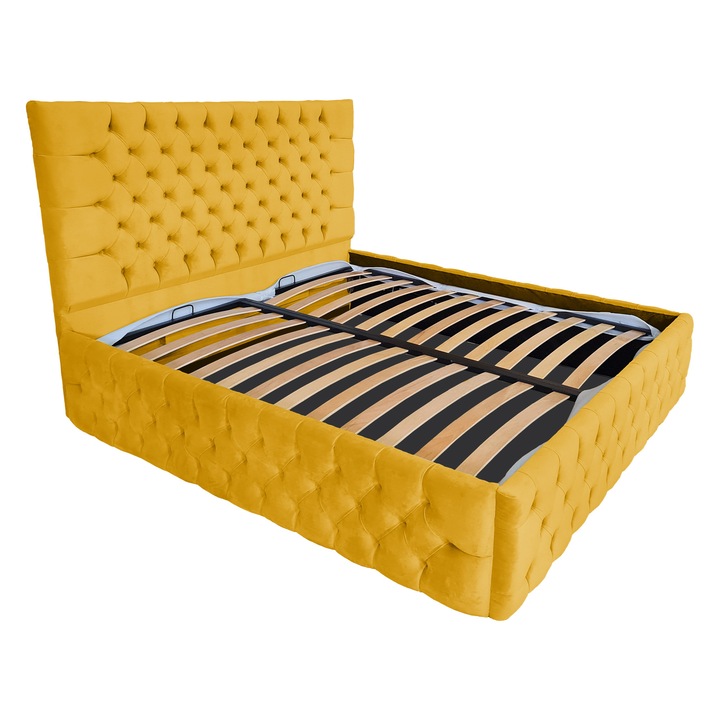 Damo kárpitozott ágy léces alappal, Cyntia Premium Velvet Mustard Yellow 10, 120x200 cm, Ma 140 cm