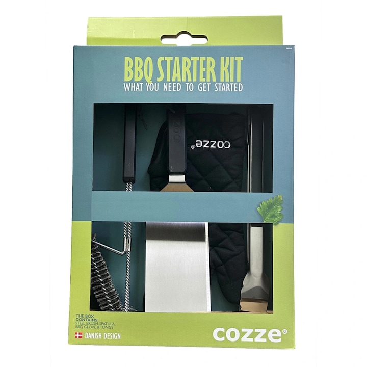 Set BBQ Cozze 4 bucati: spartula pentru gratar cleste pentru gratar, perie pentru gratar, manusa pentru gratar