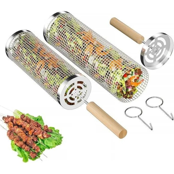Set 2 Cosuri cilindrice pentru gratar cu maner din lemn, suport, 2 furculite, rezistent la temperaturi foarte ridicate, Cilindru 1 lungime 30cm si diametru 10cm, Cilindru 2 lungime 29cm si diametru 9cm ABYZ™