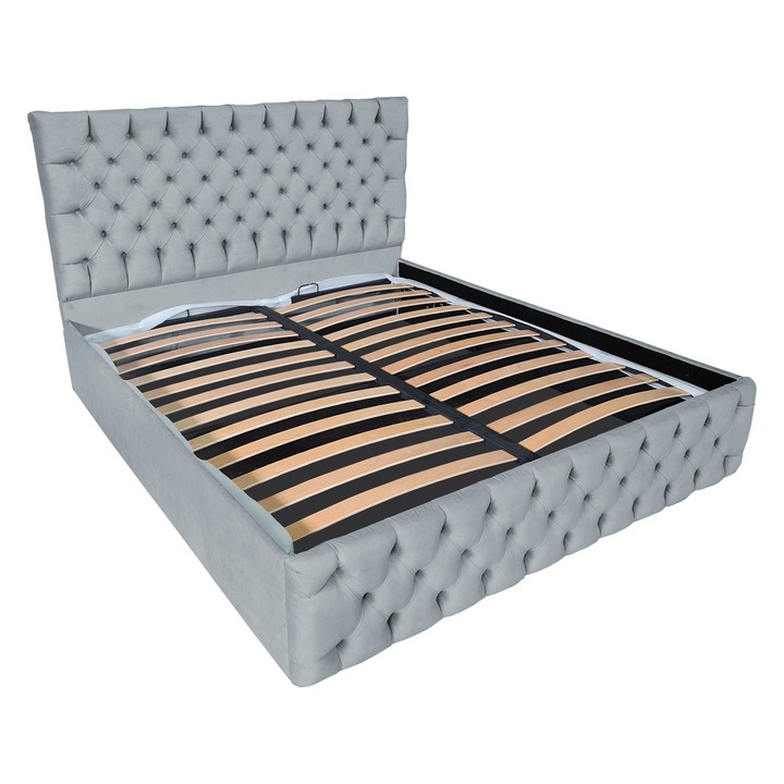 Damo kárpitozott ágy ágyráccsal, Cyntia, bársony, világosszürke 18-as modell, 200x200 cm, Ma 110 cm