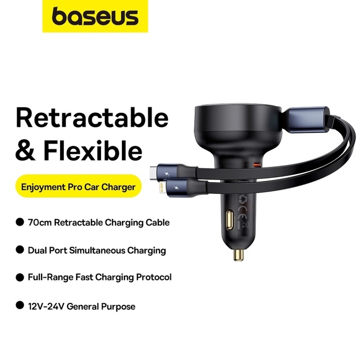 Baseus Enjoyment USB-C autós töltő USB-C és Lightning kábellel 60W (fekete)