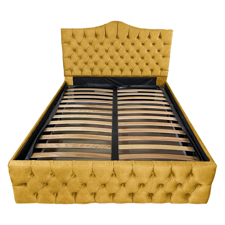 Kárpitozott ágy Damo rácsos ágyráccsal, Tudor, okker 170, 200x200 cm, H150