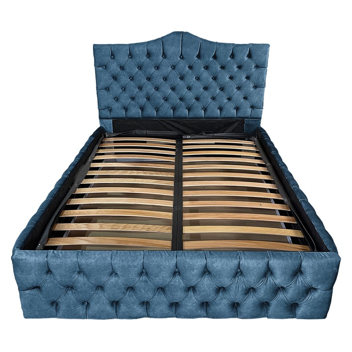 Kárpitozott ágy Damo léces ágyráccsal, Tudor, Prémium sötétkék 140, 120x200 cm, H130