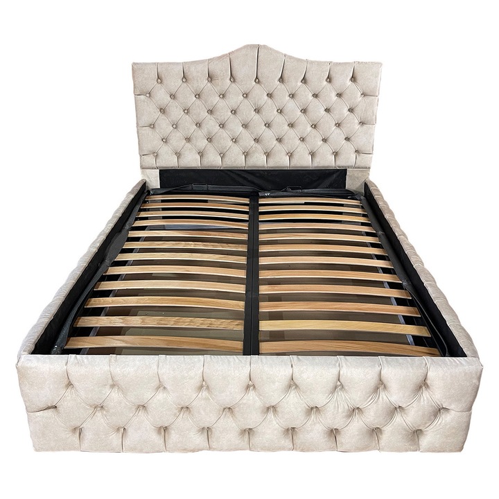 Kárpitozott ágy Damo rácsos ágyráccsal, Tudor, Prémium krém 910, 200x200 cm, H150