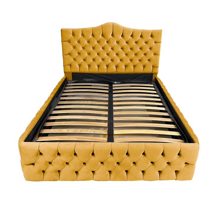 Kárpitozott ágy Damo rácsos ágyráccsal, Tudor, Prémium bársony mustársárga 10, 120x200 cm, Ma 110 cm