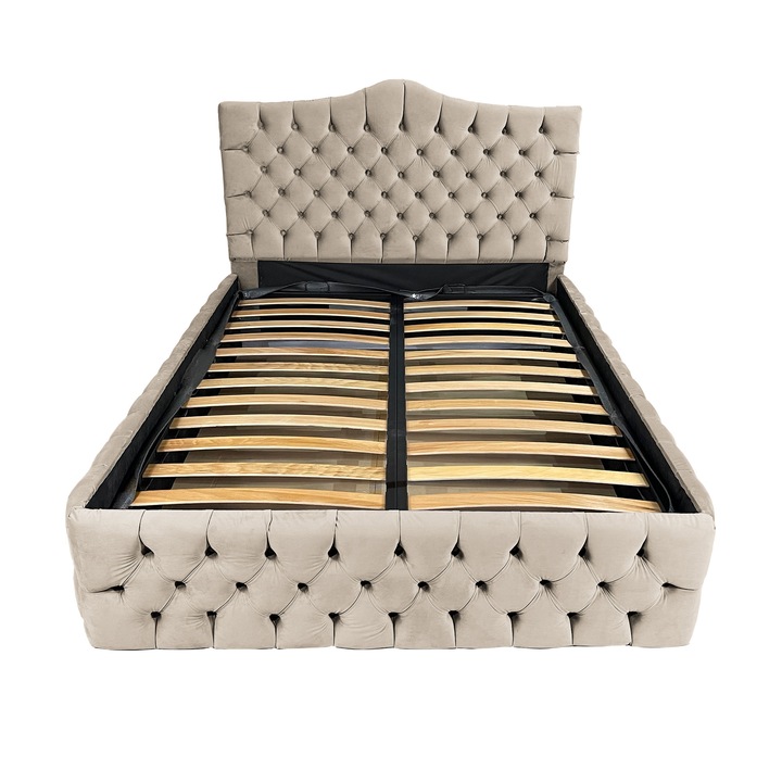 Kárpitozott ágy Damo rácsos ágyráccsal, Tudor, Prémium bársony krém 03, 140x200 cm, Ma 130 cm