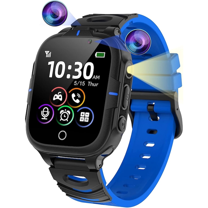 Xenomo® KIDSTONE gyerek okosóra, érintőképernyő, kétirányú hívások, 24 játék, HD kamera, segélyhívás, MP3, ébresztő, 5 nyelv, zseblámpa, kék-fekete szín