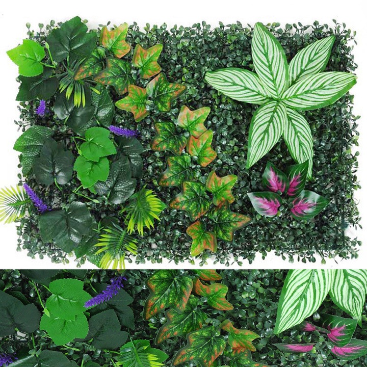 Feicaeesa® Изкуствено растение, Декоративен панел с разнообразни зелени листа 40x60 см, За вътрешна употреба, Зелено, Лилаво