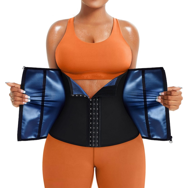 Centura de slabit, tip corset, suport lombar, refacere postnatala, modelare, compresie dubla, corector postura, Negru 3XL