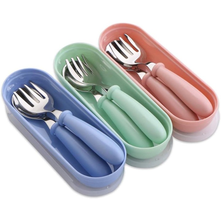 Set de tacamuri pentru bebeluși HERUSI, 3 piese cu furculiță și lingură, manere ergonomice, cu husă de transport, inox