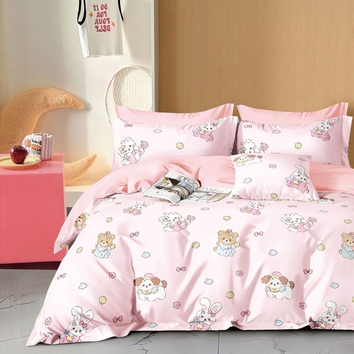 Kétszemélyes ágyneműhuzat gyerekeknek nyuszis és mackós mintákkal, 100% pamut perkál, 240x260 cm, 4 darab, Lenzerii Deosebite, PRC203