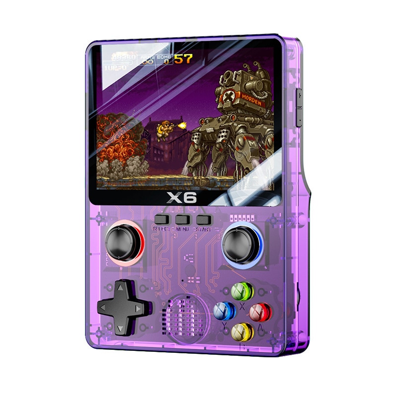Consola de jocuri portabila Retro X6, ecran IPS de 3.5 inch, 32G card de memorie, violet, suport pentru doua jucatori