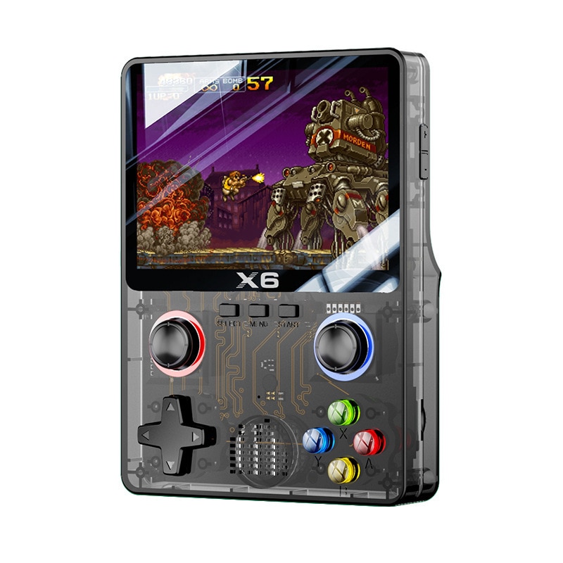 Consola de jocuri portabila Retro X6, ecran IPS de 3.5 inch, 32G card de memorie, transparent, suport pentru doi jucatori