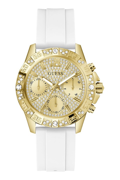 GUESS, Часовник Majesty със силиконова каипка и кристали, Златист, Бял