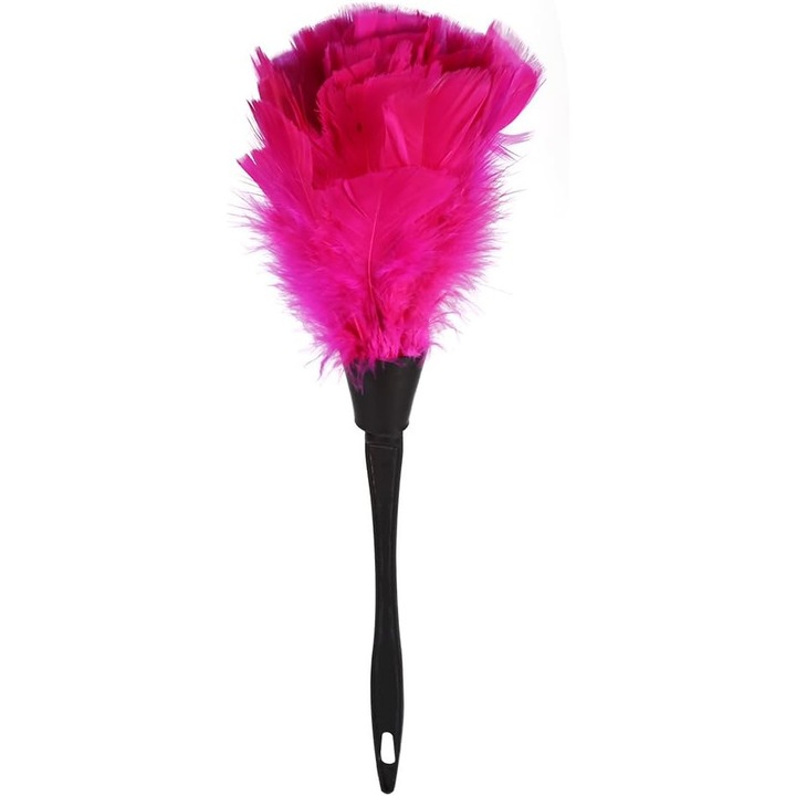 Perie pentru praf, matura din pene turcesti reale, moale si lavabila, maner din plastic cu orificiu pentru agatat, Roz/Negru, 1 buc