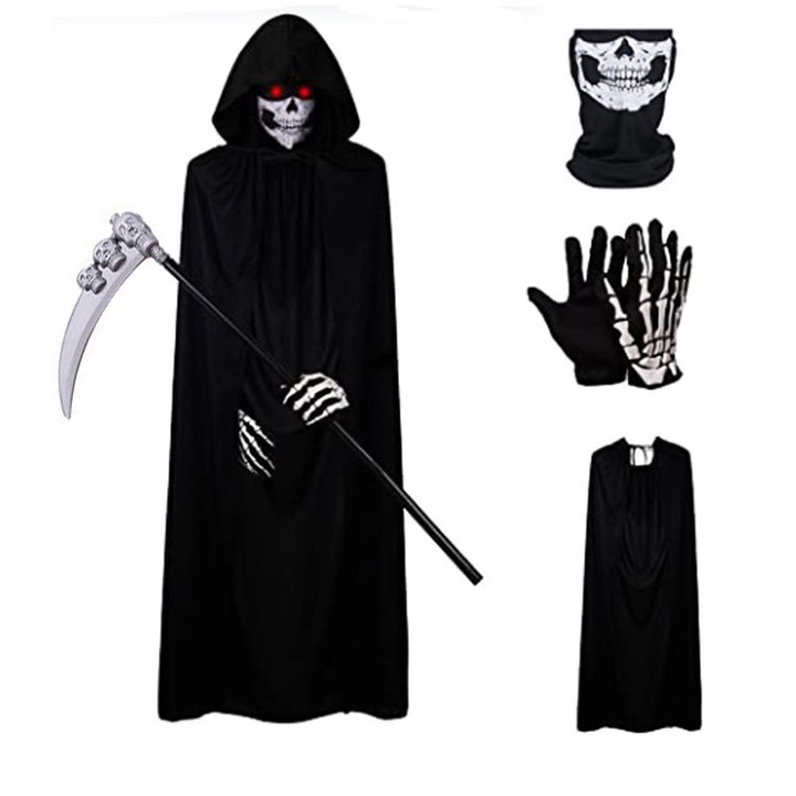 Costum Halloween Moartea, Complet cu Caciula Neagra si Secera - pentru Copii si Adulti (Accesoriu Cosplay)