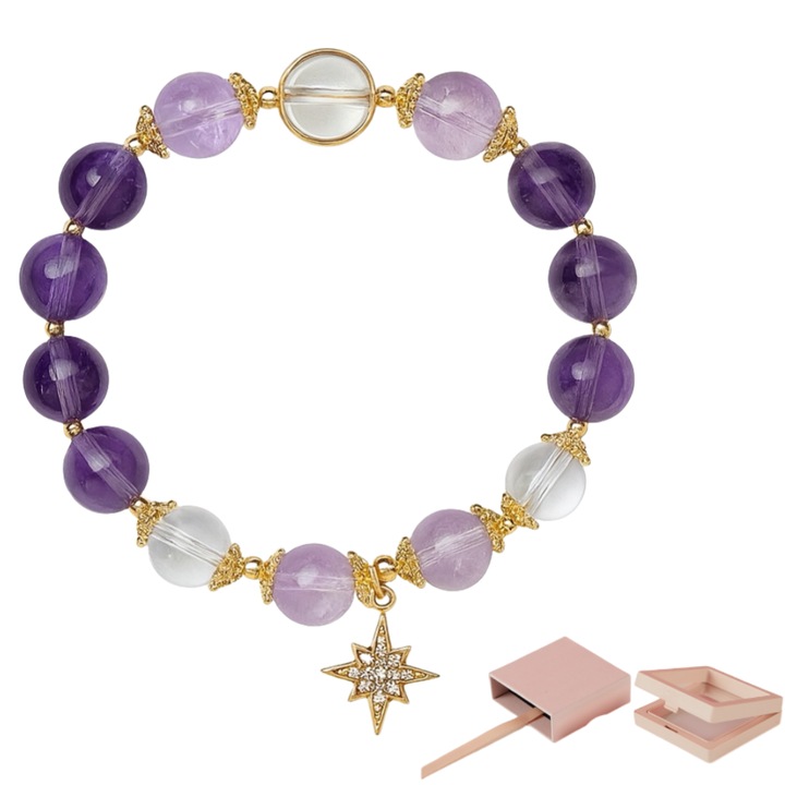 Bratara Cristal cu Ametist, Charm Stea, Margele 8mm, Circumferinta 15-16cm, Echilibru Emotional, Energie Pozitiva, Cutie Cadou Roz