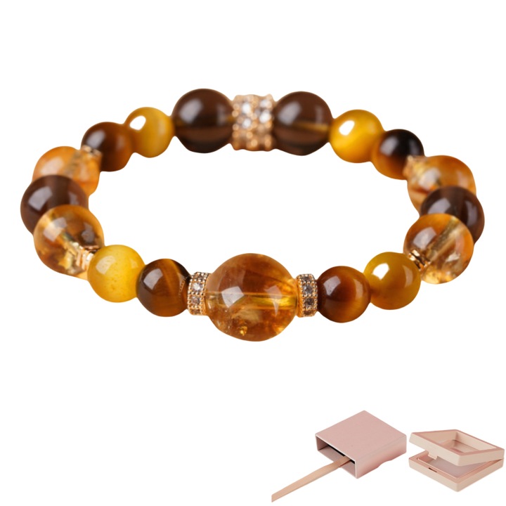 Bratara Cristal cu Ochi de Tigru Auriu si Galben, Cristale Naturale, 10mm, Circumferinta 16-17cm, Energie Protectoare si Curaj, Cutie Cadou