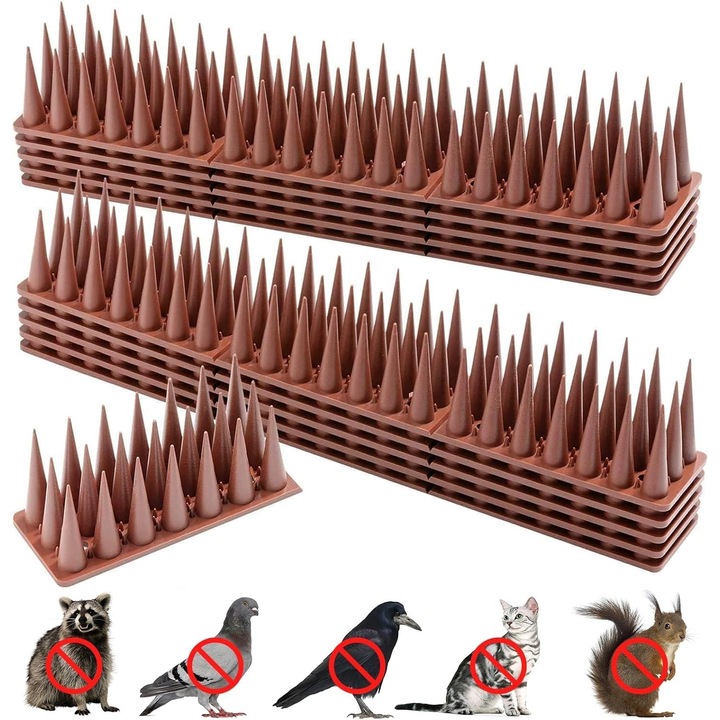 Шипове против птици, Wacorresi, Твърди, Пластмасови, Комплект от 12 части, 43х4х3.5 см, 5 м, Кафяв