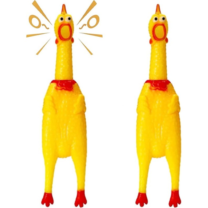 Set de 2 jucarii din cauciuc pentru caini, pui strigator galben, 17cm, jucarie interactiva cu sunet