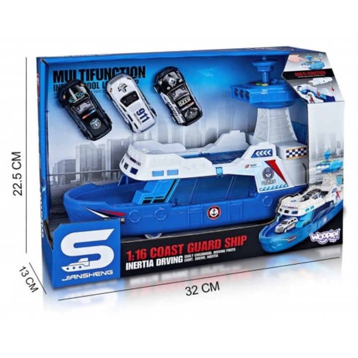 Комплект полицейска лодка Woopie с 3 коли, пластмаса/метал, светлинни и звукови ефекти, 1:16