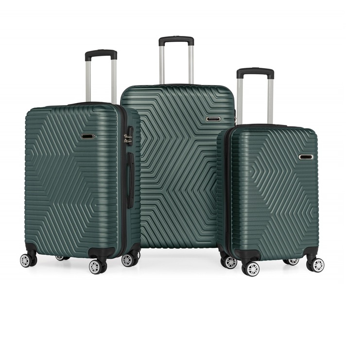 Set 3 trolere Artenova cu 4 roti, comaprtiment rigid, maner telescopic, cifru, verde inchis