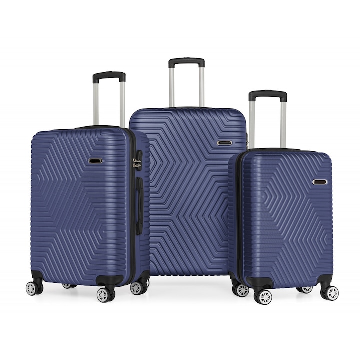 Set 3 trolere Artenova cu 4 roti, comaprtiment rigid, maner telescopic, cifru, albastru inchis