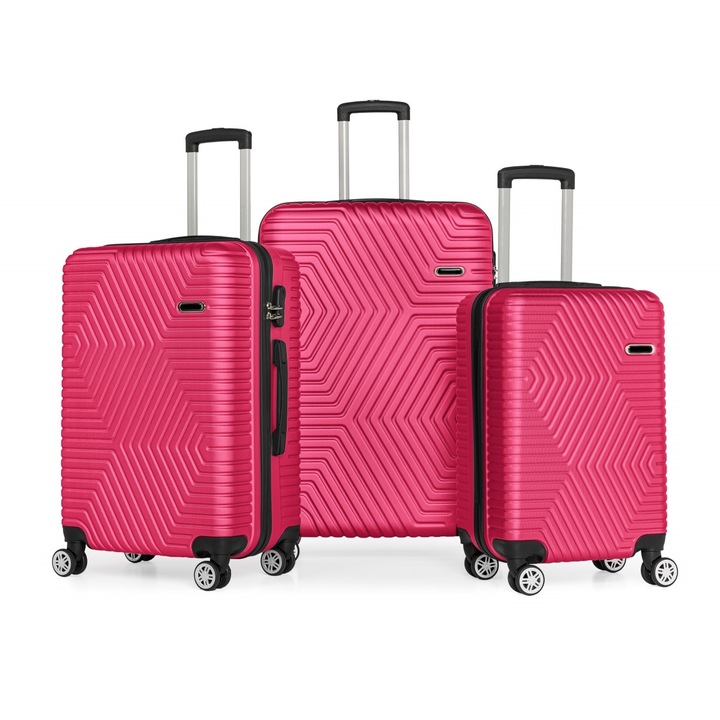 Set 3 trolere Artenova cu 4 roti, comaprtiment rigid, maner telescopic, cifru, fucsia