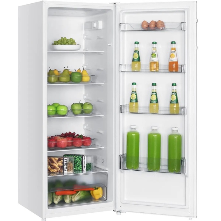 Frigider Severin, H 143 cm, capacitate 242 l, consum redus, 5 rafturi din sticla securizata, compartiment pentru fructe/legume, 4 rafturi pe usa, control temperatura, usa reversibila, suport pentru oua, picioare reglabile, alb