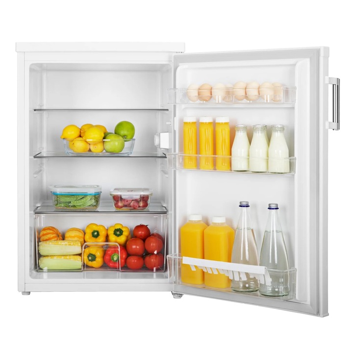 Frigider minibar Severin, H 84.5 cm, volum 133 litri, usa reversibila, 3 rafturi sticla, 3 rafturi pe usa, compartiment legume si fructe, control temperatura, iluminat interior LED, suport pentru oua, maner ergonomic, silentios, picioare reglabile, alb