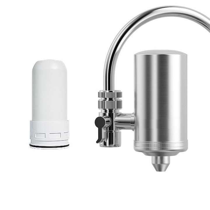 Filtru de apa pentru robinete, Golxmse, 2 viteze, inox alimentar, carbune activ, indeparteaza clorul, metalele grele, rugina, sedimentele, substantele organice, rotatie la 360 de grade, 130x55x105mm, argintiu