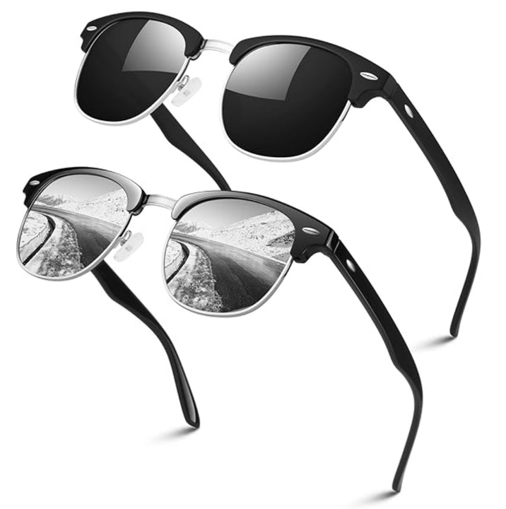 Set 2 perechi Ochelari de soare polarizati, LINVO, model semi-rimless pentru barbati si femei, stil retro clasic cu protectie UV 400, lentila albastra si lentila gri