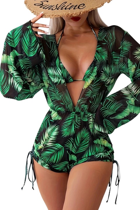 Costum de baie, set 3 piese, model confortabil si sexy, sutien cupe triunghiulare, chilot decupaj clasic, cover cu maneci lungi si pantaloni scurti, tematica chill summer, EFAYN, Verde/Negru