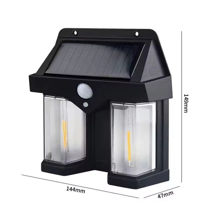 Външна LED соларна лампа CL-228, 2W, 1200 лумена, със сензор за движение 120°, 3 режима на осветление, батерия 1800mAh, водоустойчивост IP65, автоматично соларно зареждане през деня, автоматично включване през нощта